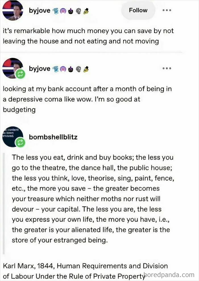 A Tumblr post from byjove and bombshellblitz about saving money, referencing Karl Marx, creating internet chaos.