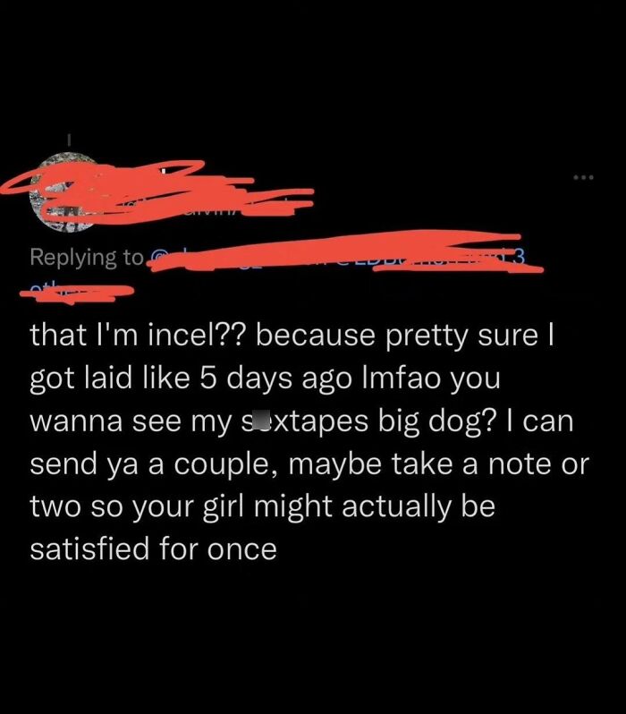 An embarrassing screenshot of a person getting busted for lying about being incel, offering to send tapes.