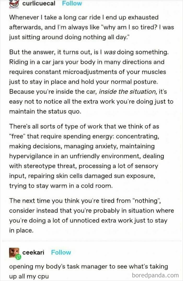 A Tumblr post explaining why you feel exhausted after a long car ride, revealing hidden work, contributing to internet chaos.