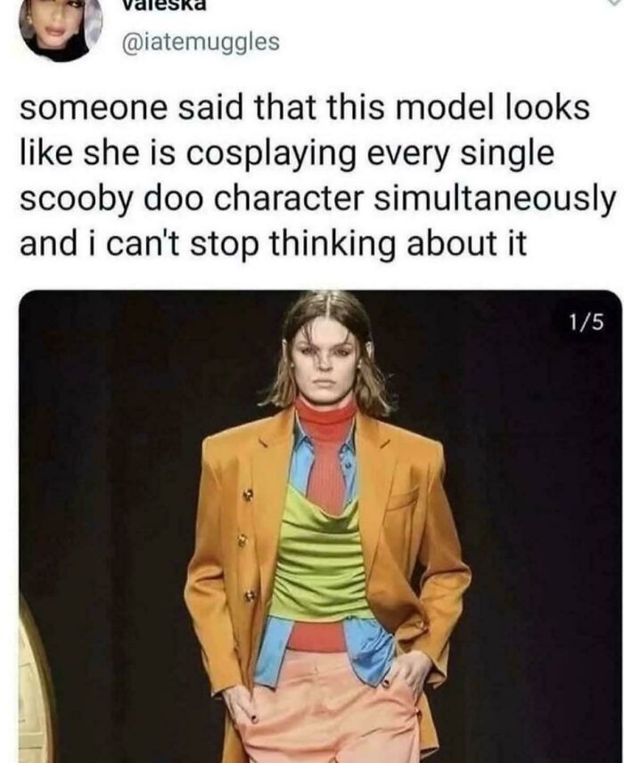 A funny tweet from valeska about a model cosplaying Scooby-Doo characters simultaneously. Examples of people being too specific.