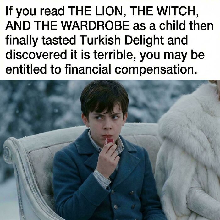 A funny example of people being way too specific, a child looking disgusted while eating Turkish Delight.