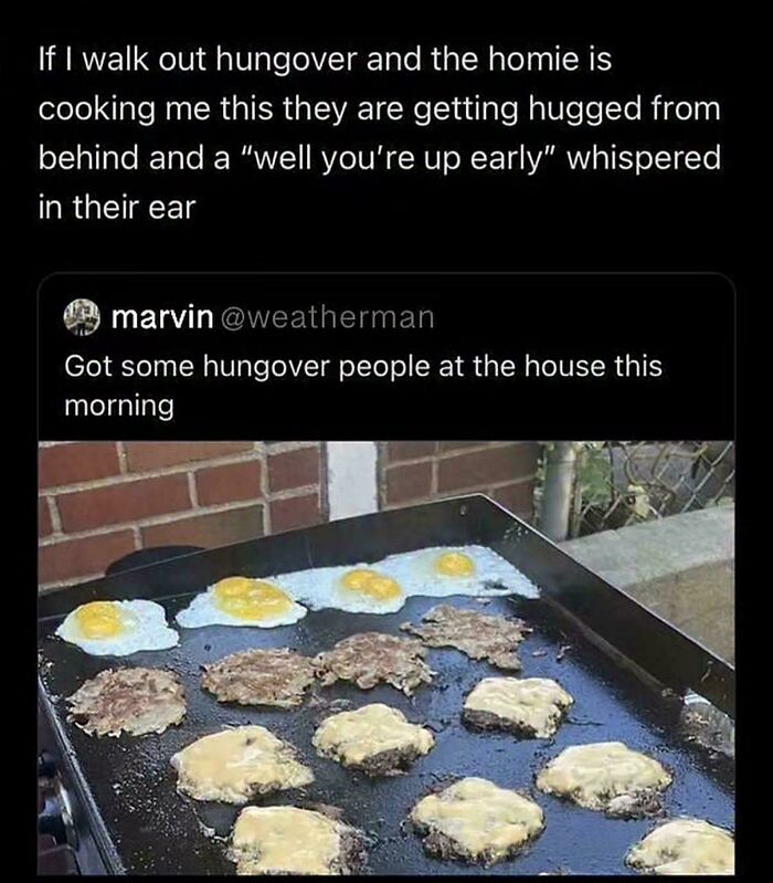 A funny example of people being way too specific, a tweet about cooking for hungover people with eggs and sausages on a griddle.