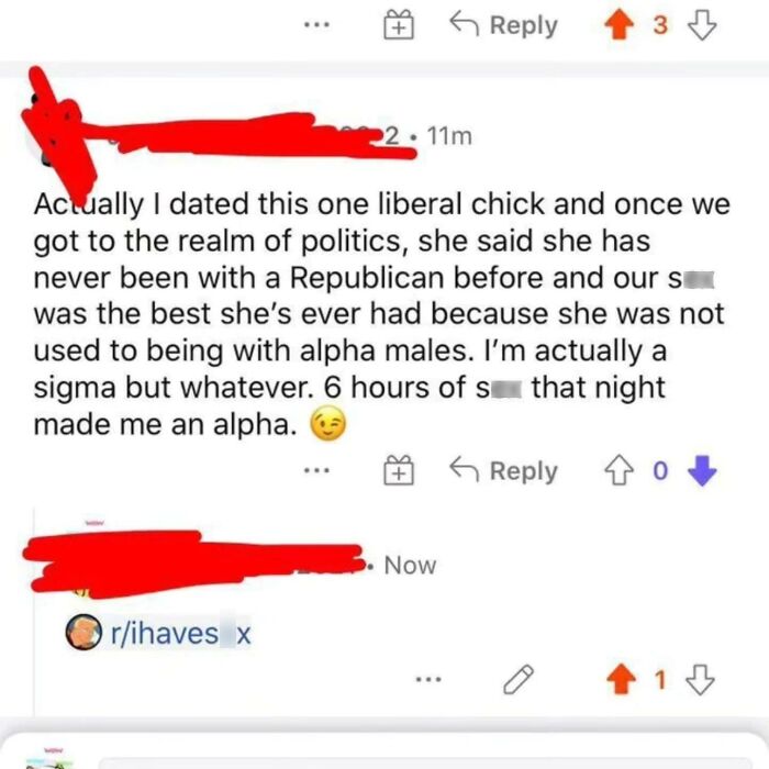 A screenshot of a Reddit comment where someone got busted for lying about being an alpha male with a liberal woman.