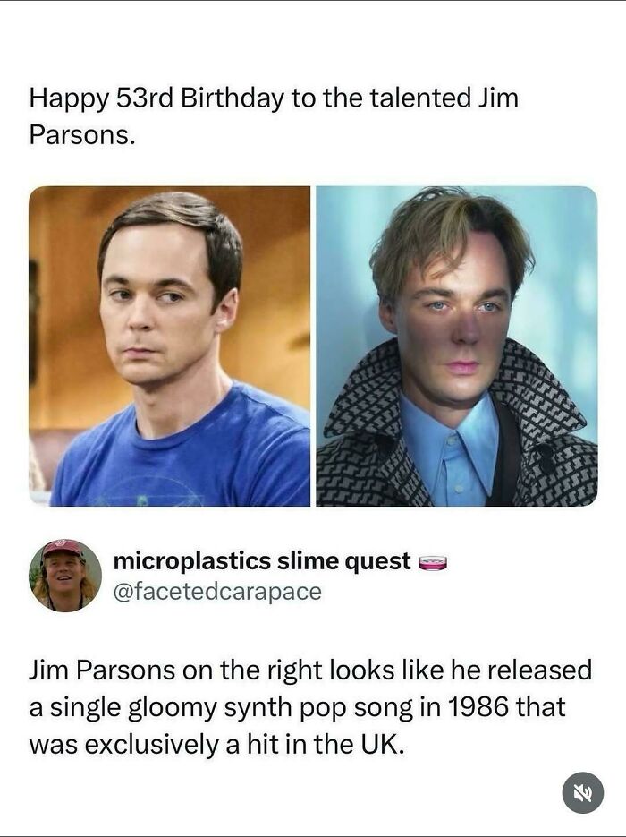 A funny image of Jim Parsons before and after, showing people being way too specific.
