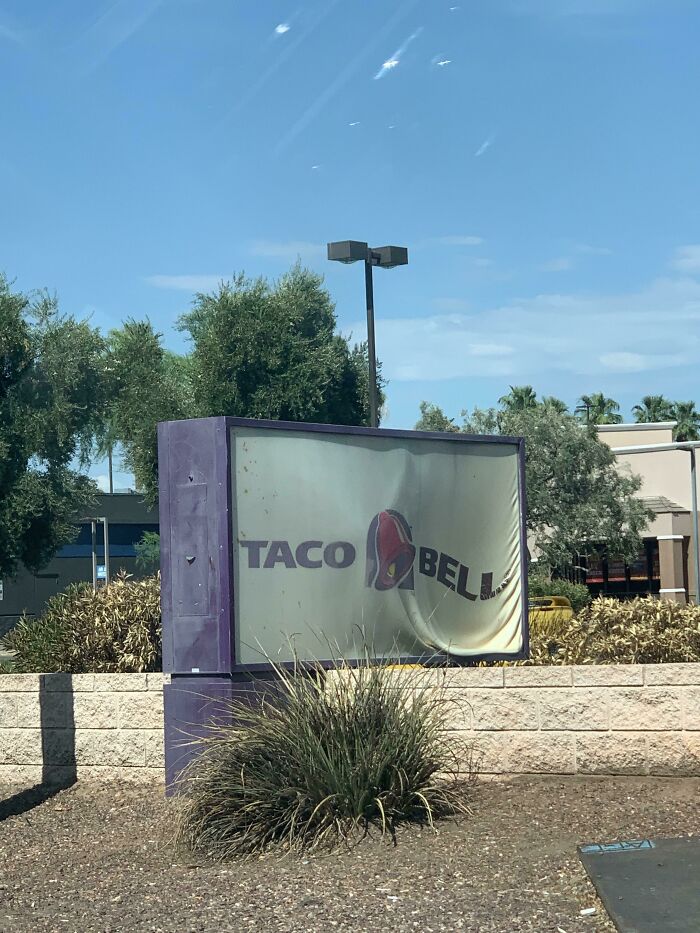 A faded Taco Bell sign, partially obscured by bushes, in the USA, showing a common yet different landscape.