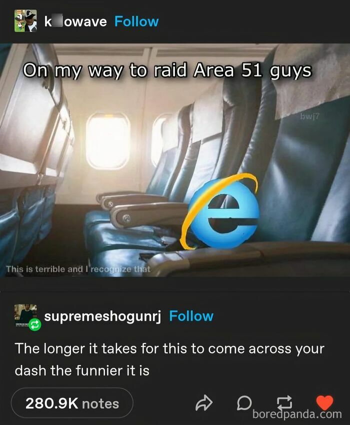 A meme with the Internet Explorer logo on an airplane seat with text, part of Tumblr Posts delivering internet chaos.