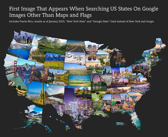 A map of the USA composed of diverse images representing each state, illustrating the fascinating and wildly different photos of the USA.