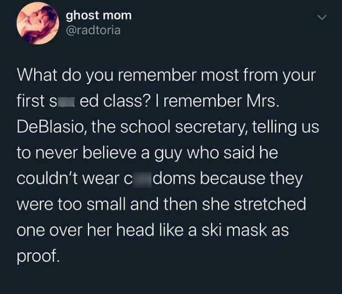 A tweet about a school secretary's funny and confusing lesson, showcasing people being way too specific.