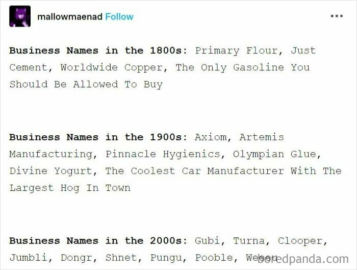 A Tumblr post showcasing the evolution of business names through the 1800s, 1900s, and 2000s, reflecting internet chaos.