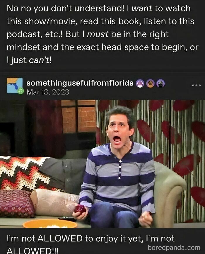 A Tumblr post about needing the right mindset to enjoy media, with a man yelling on a couch, capturing internet chaos.