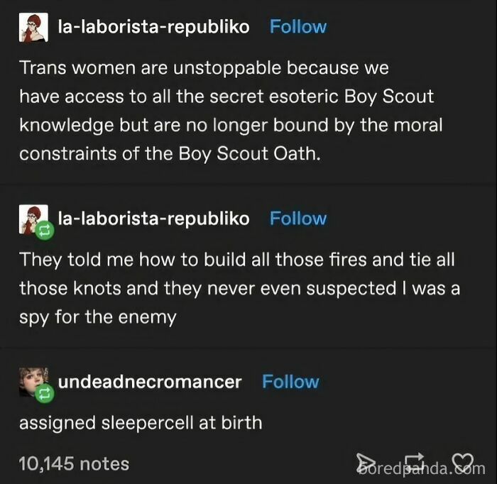A Tumblr post about trans women and Boy Scout knowledge, featuring Internet chaos.