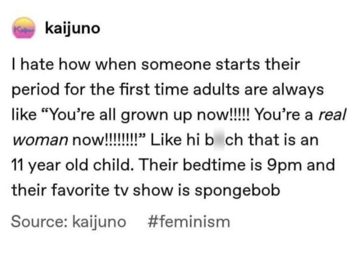A tweet from kaijuno, a funny and confusing example of being way too specific about an 11-year-old starting their period.