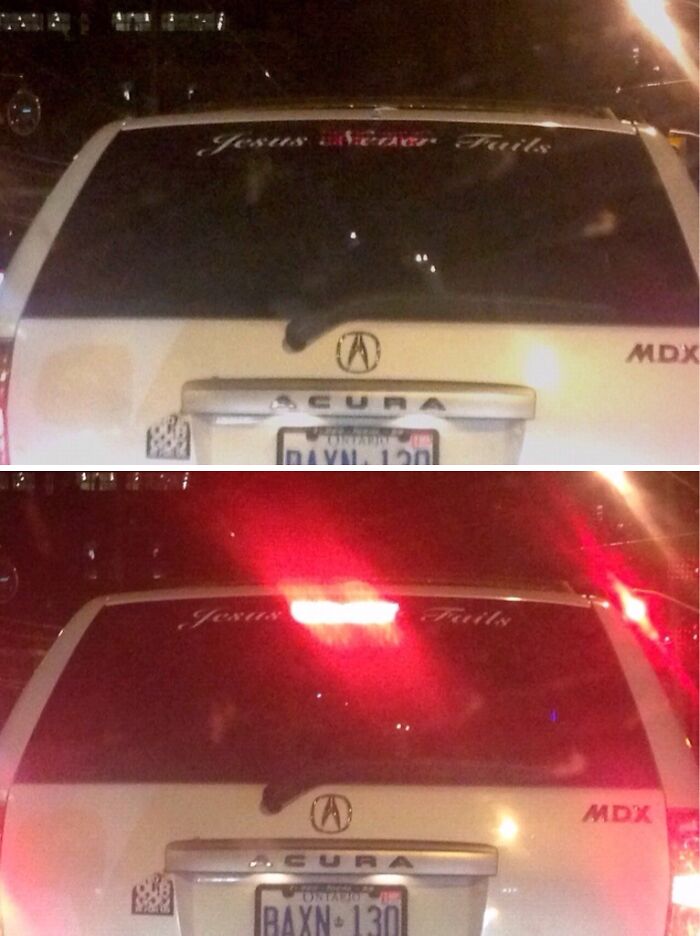 A hilariously awful design fail on a car's rear window where brake lights reveal hidden text, turning Jesus Never Fails into Jesus Fails.
