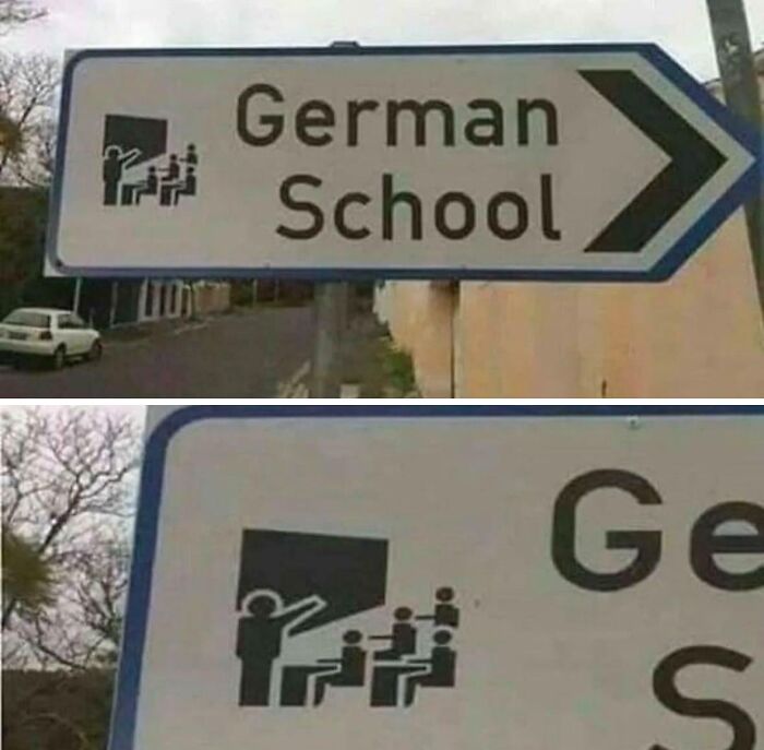 A hilariously awful design fail on a German School sign, with a stick figure appearing to point a gun at students.