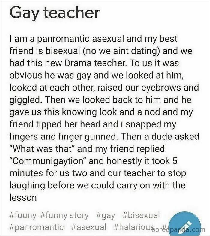 An embarrassing screenshot detailing a funny interaction with a gay teacher about 'Communigaytion'.