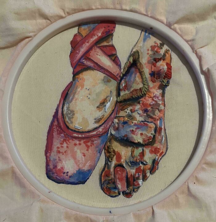 Expressive embroidery projects depicting a ballerina's foot in a pink shoe alongside a bare, injured foot