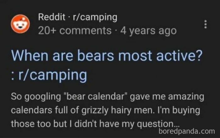 A painfully cringe Reddit post from r/camping asking when bears are active, with a funny calendar search result.
