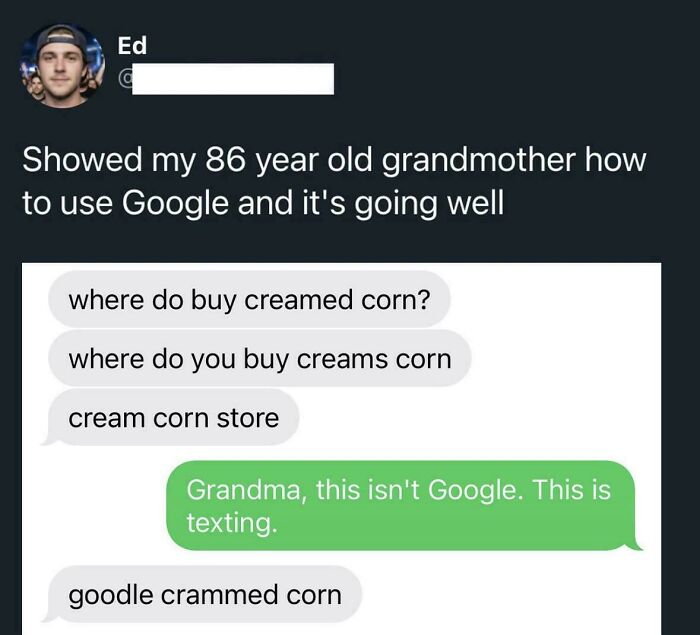 Elderly people humorously using a phone, like this grandma confusing texting for Google search.