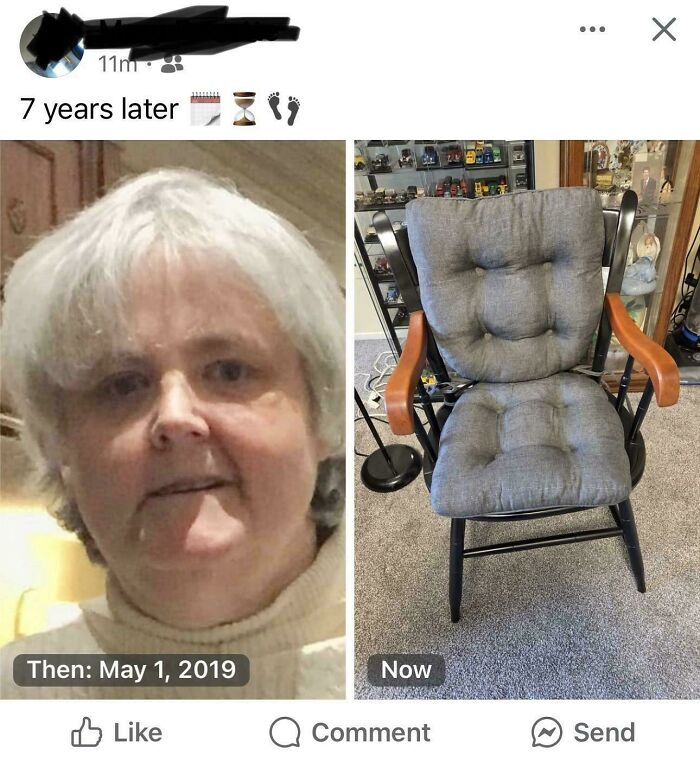 Elderly people humorously sharing images, like this before-and-after of a woman turning into a chair.