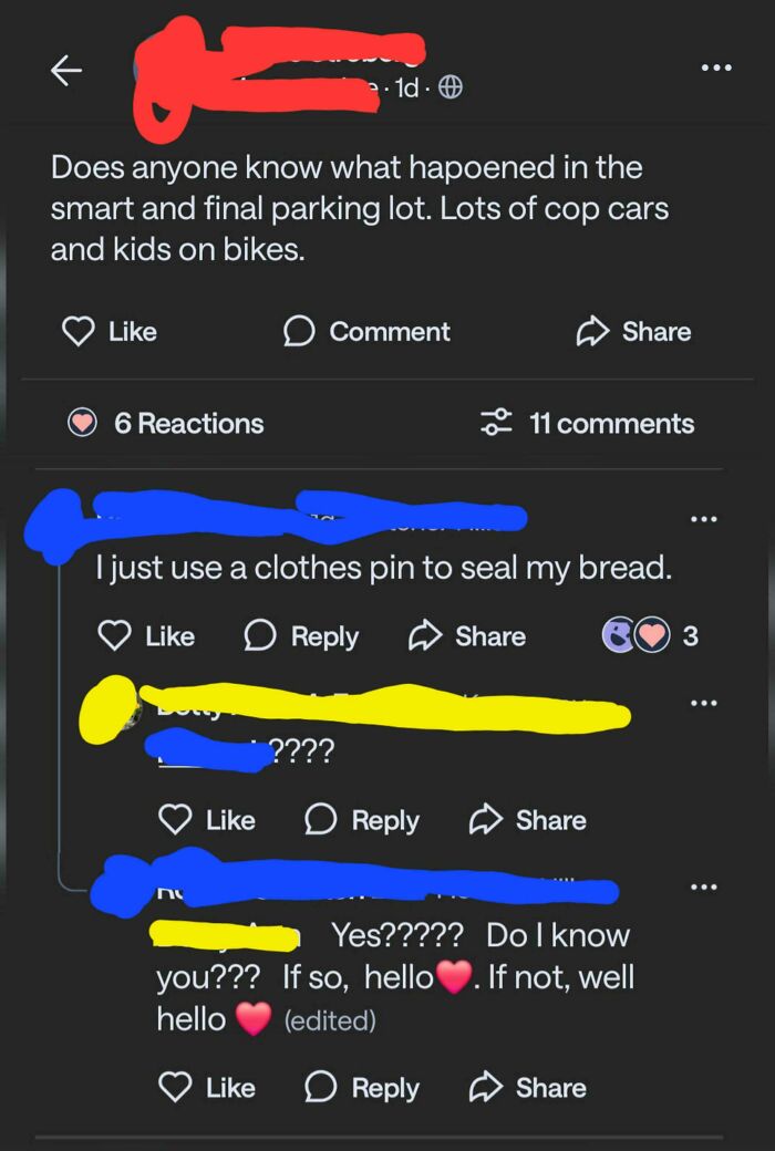 Elderly people posting a funny, off-topic comment about a clothespin on a bread bag, showcasing unsupervised internet access.