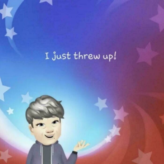 Elderly people online: An elderly person's avatar on a social media background stating, I just threw up!