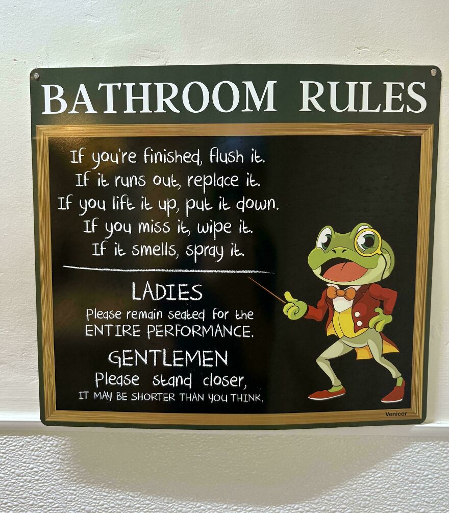 An amusing bathroom rules sign featuring a frog, offering funny advice for ladies and gentlemen and improving your day.