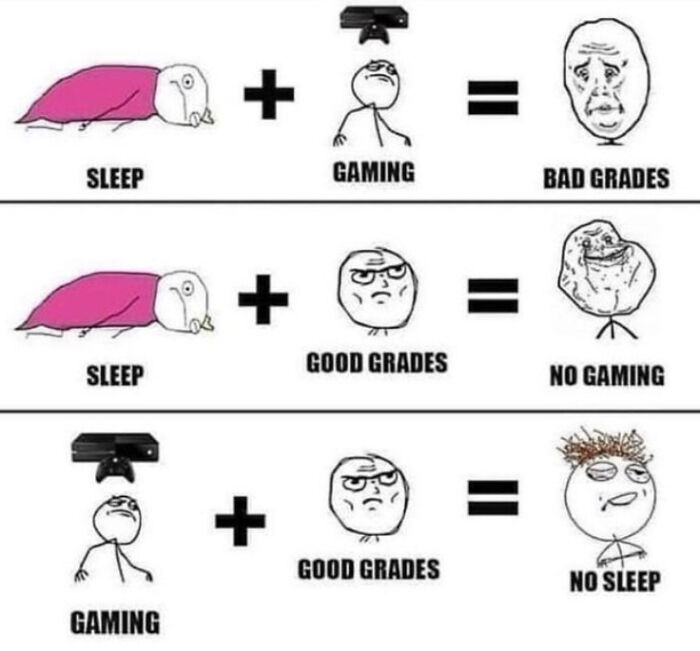 A meme with equations showing sleep, gaming, and grades, a classic example of ancient memes.