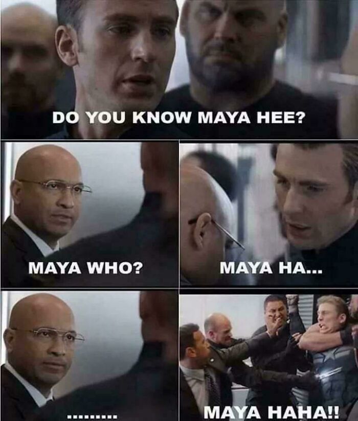 A meme depicting Captain America and another man discussing ancient memes and Maya Hee.