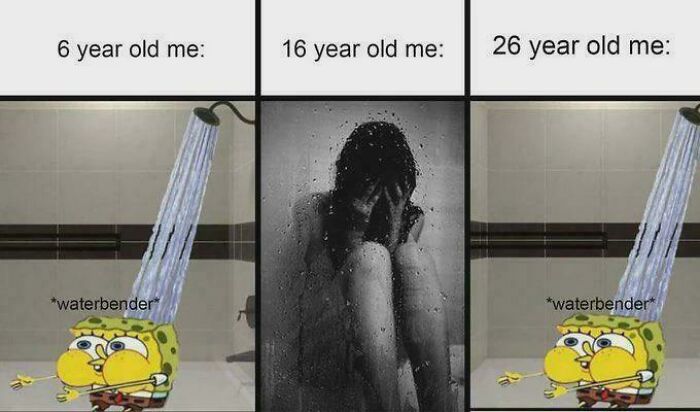 A meme showing different ages of showering with Spongebob, an emotional teen, and ancient memes.