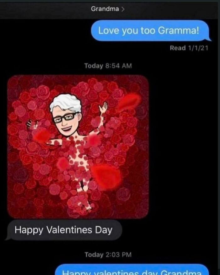 Elderly people humorously proving they shouldn't have unsupervised access to the internet, with a Grandma's inappropriate Valentine's Bitmoji.