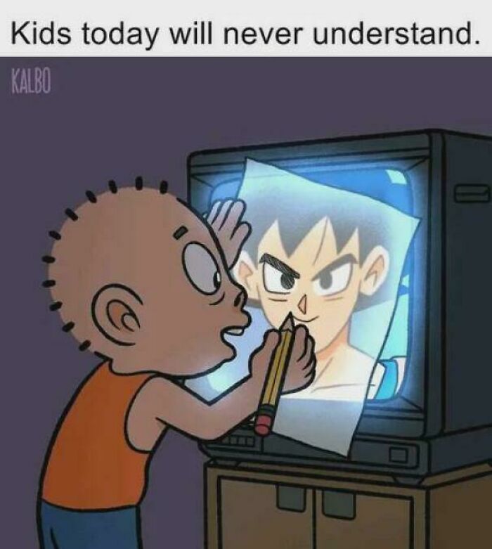 A cartoon kid tracing an anime character from a TV screen, illustrating ancient memes.
