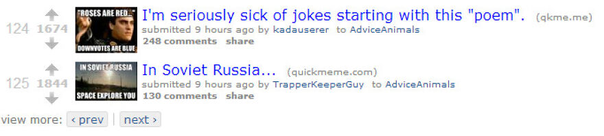 A Reddit page with two mildly amusing posts about overused joke formats like roses are red and in Soviet Russia.