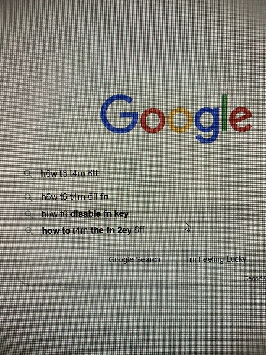 A computer screen displaying Google search suggestions for how to disable fn key, with misspelled and corrected queries, which is mildly amusing.