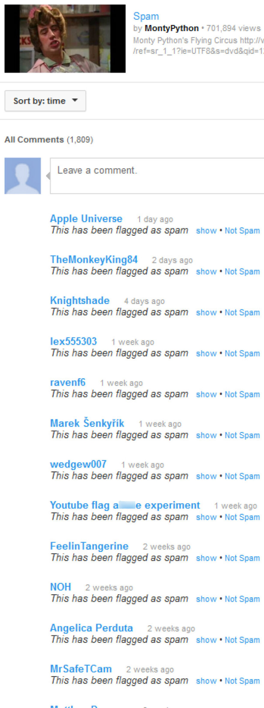 A YouTube video comment section for Monty Python's Spam, showing multiple mildly amusing comments flagged as spam.