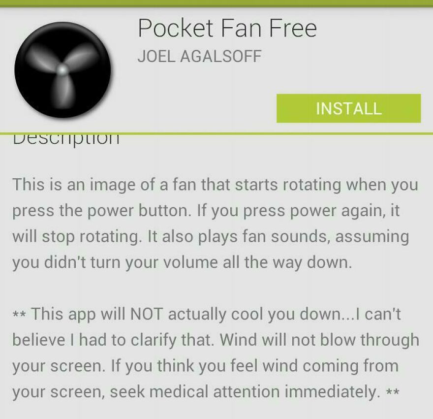 A screenshot of the Pocket Fan Free app description, highlighting its non-cooling function, among amusing things.