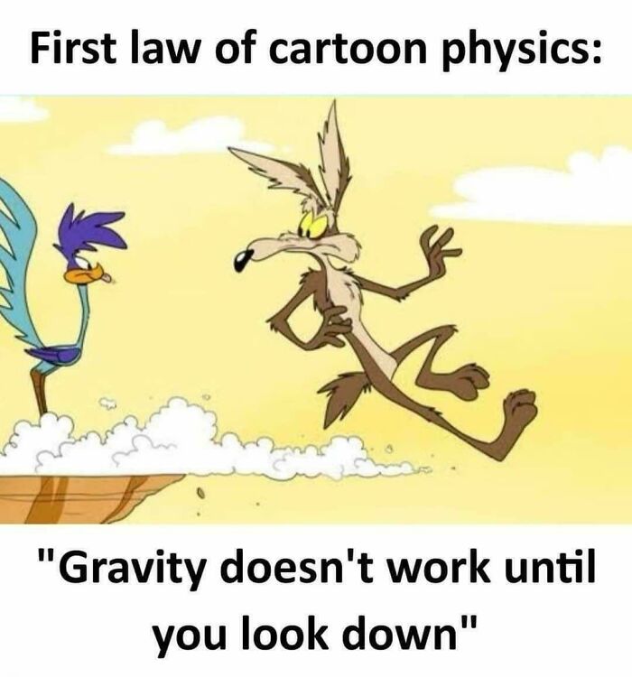 Classic cartoon meme of Wile E. Coyote defying gravity until looking down, showcasing an ancient meme that still cracks people up.