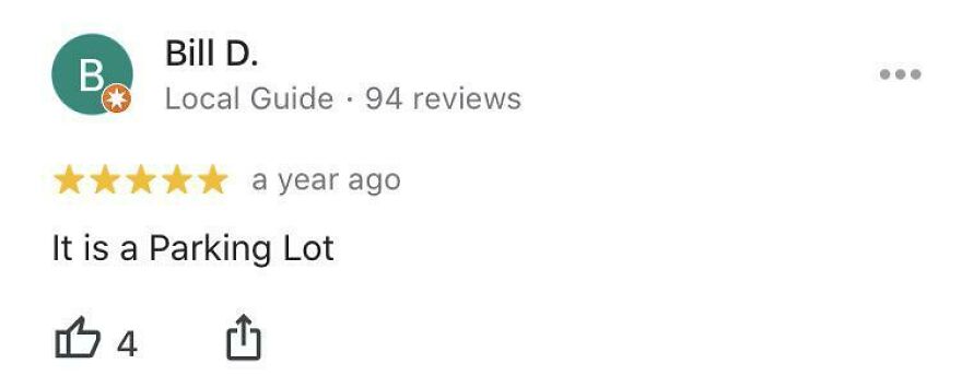 A five-star review for a parking lot, simply stating It is a Parking Lot, among amusing things.