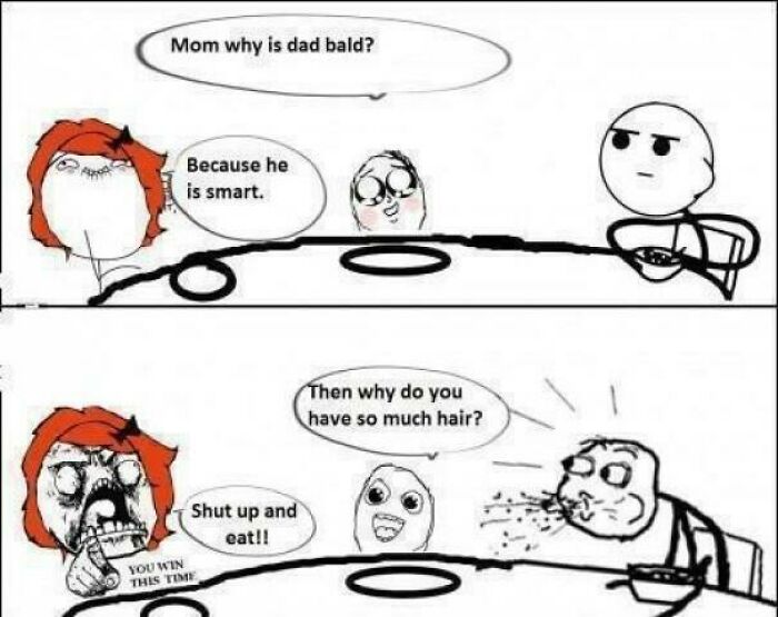 A rage comic featuring a family discussing hair and baldness, a humorous example of ancient memes.