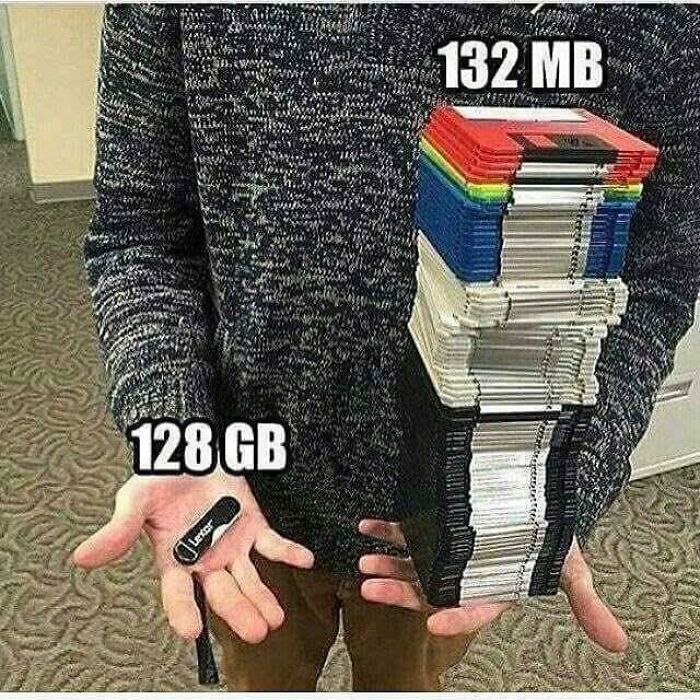 An ancient meme showing the difference between 128 GB in a small USB stick versus a huge stack of 132 MB floppy disks.
