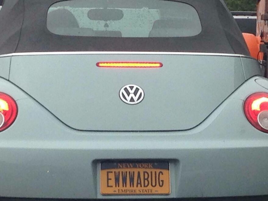A Volkswagen Beetle with a license plate reading 'EWWWABUG', one of many amusing things.