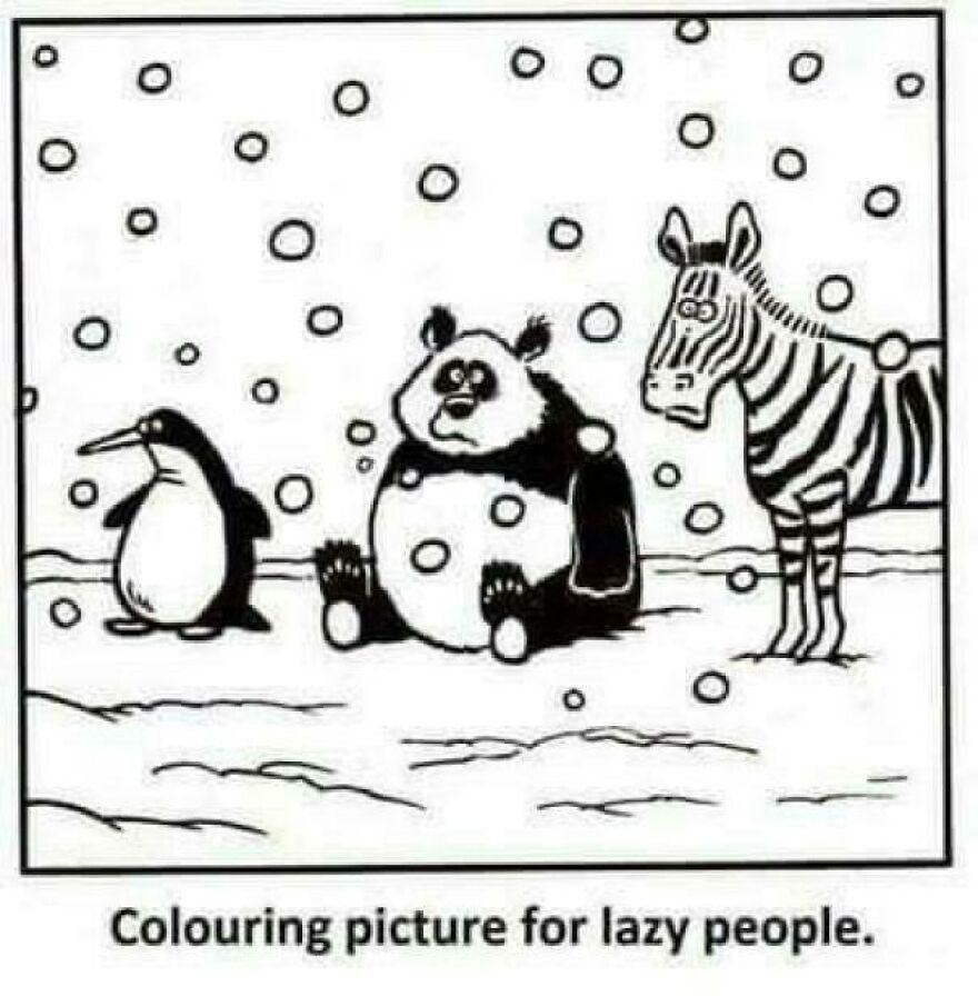 A coloring picture for lazy people featuring a penguin, panda, and zebra in the snow, an amusing thing.