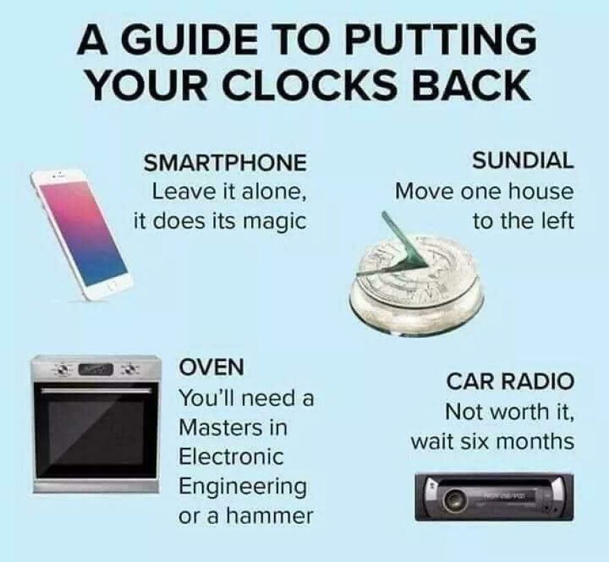 A guide to putting clocks back with smartphone, sundial, oven, and car radio, creating amusing things.