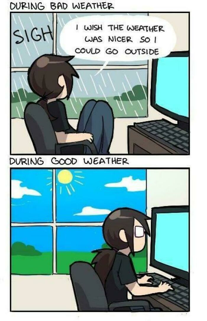 Funny meme showing a person playing video games during both bad and good weather.