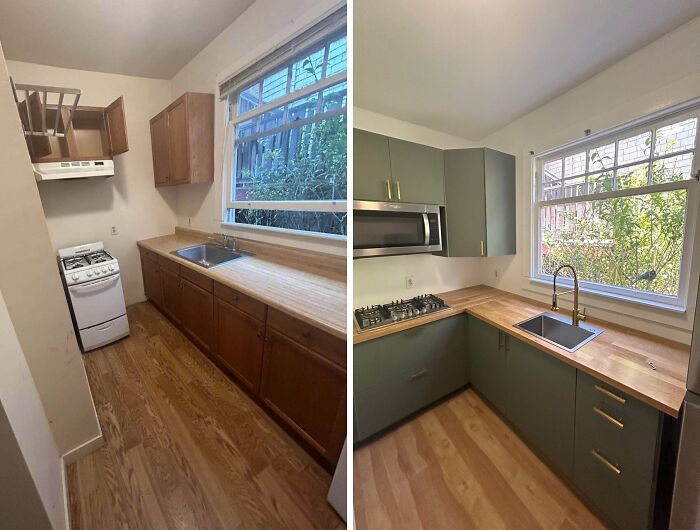 Before and after of a small kitchen home improvement project, upgraded with new green cabinets, a built-in microwave, and gold fixtures.
