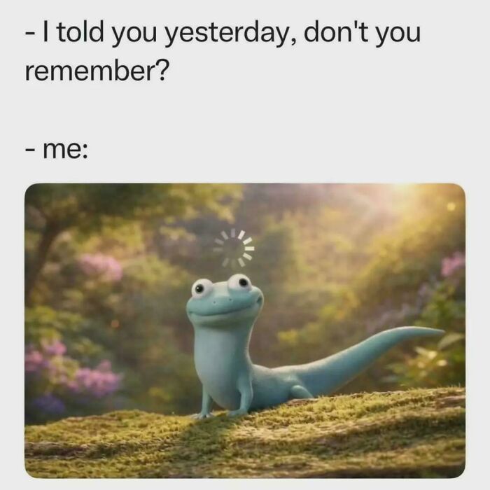 Funny meme depicting the chameleon from Frozen 2 with a loading icon above its head, showing a lack of memory.