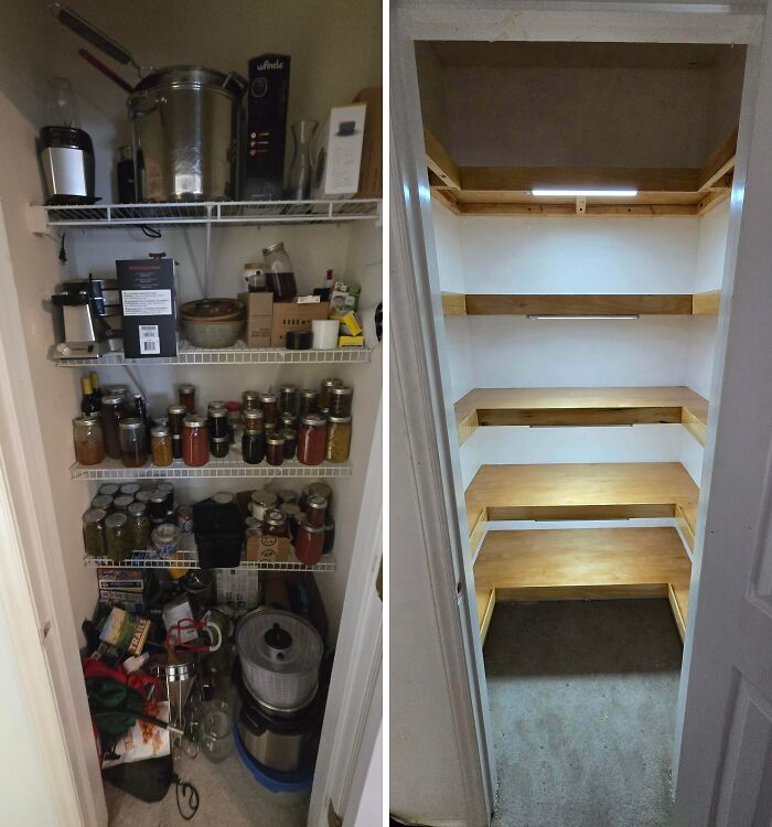 Before and after of a pantry home improvement project, showing a cluttered space organized with new wooden shelves and lighting.