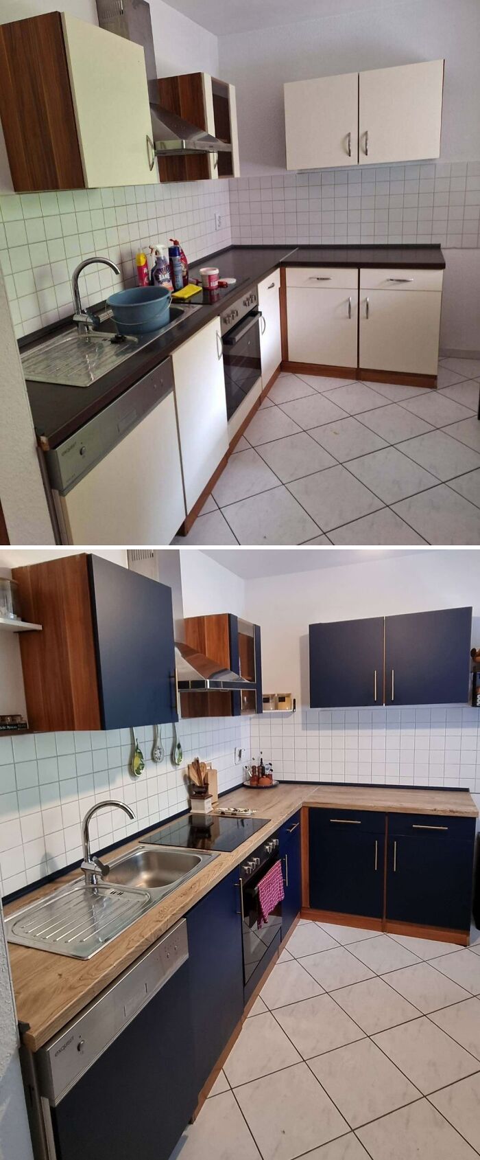 Before and after of a kitchen home improvement project, transforming a dated kitchen into a modern space with blue cabinets.
