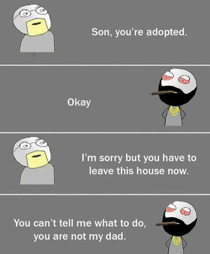 A multi-panel meme about an adopted son reacting to his father, a classic example of ancient memes that still crack people up.
