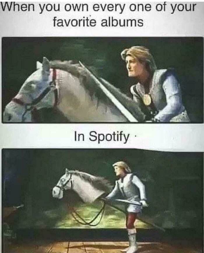 Two images side-by-side: a knight on a horse, and the same knight pushing a toy horse. Text reads, 'When you own every one of your favorite albums' and 'In Spotify.' This is one of many ancient memes that still crack people up.