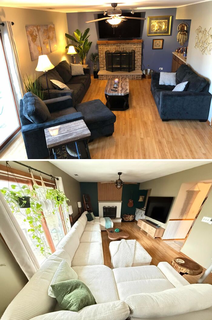 A before-and-after of a home improvement project: a living room with dark furniture and a brick fireplace updated to a brighter, modern space.